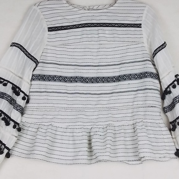 ZARA Boho Blouse Size Small in Black White Stipes w/ Pom Pom fringe - Picture 3 of 11
